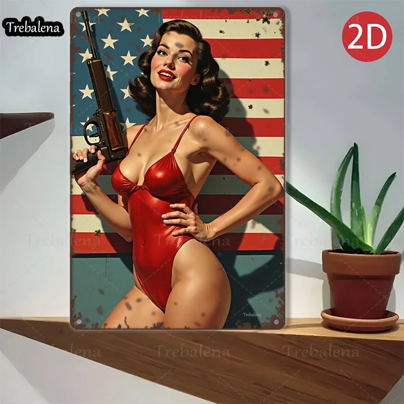 1PC 2D Flat 8*12inch Metal Sign Retro Pinup Girl with Gun American Flag Style - Good Gifts, Gurl