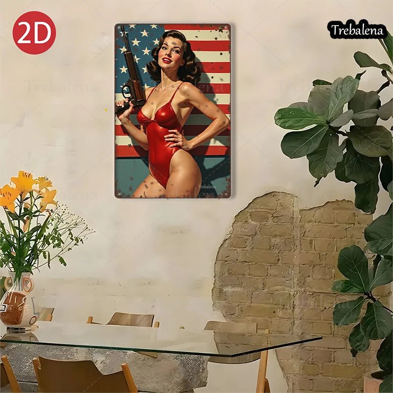 1PC 2D Flat 8*12inch Metal Sign Retro Pinup Girl with Gun American Flag Style - Good Gifts, Gurl
