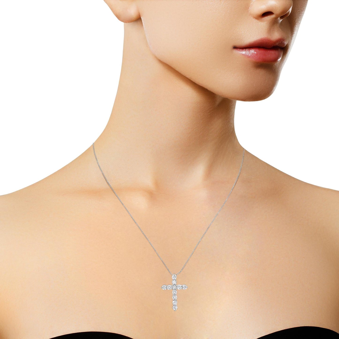 .925 Sterling Silver 1.0 Cttw Prong Set Round - Cut Diamond Cross 18" Pendant Necklace (I - J Color, I2 - I3 Clarity) - Good Gifts, Gurl