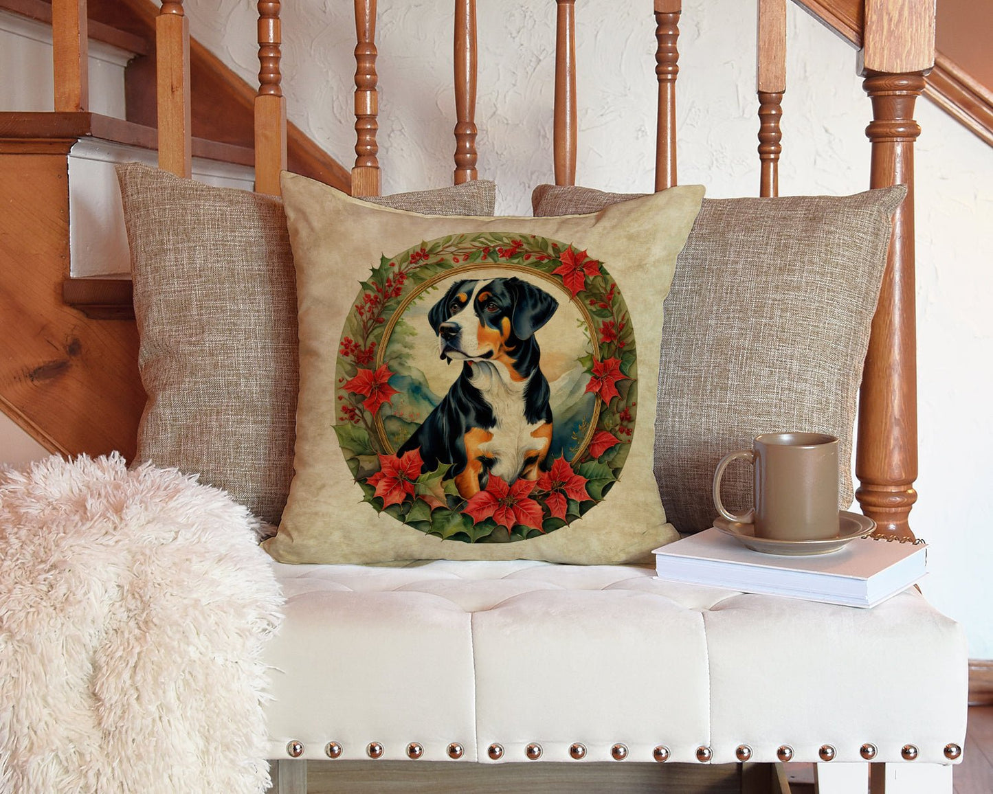 Entlebucher Mountain Dog Christmas Flowers Throw Pillow - Good Gifts, Gurl