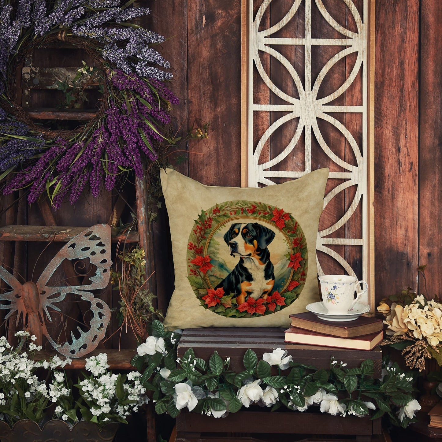 Entlebucher Mountain Dog Christmas Flowers Throw Pillow - Good Gifts, Gurl