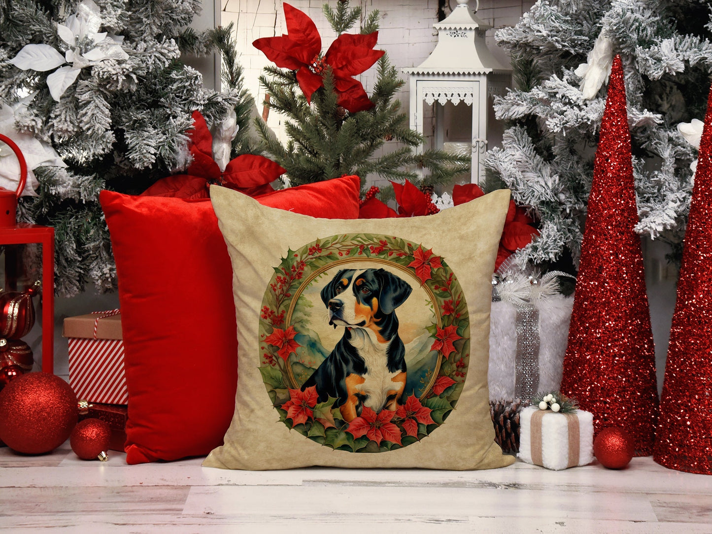 Entlebucher Mountain Dog Christmas Flowers Throw Pillow - Good Gifts, Gurl