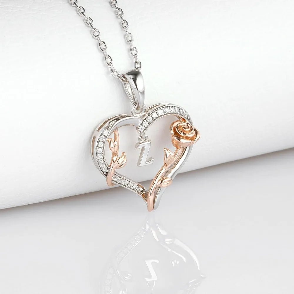 Heart Rose Initial Necklace,S925 Sterling Silver Letter Pendant Necklaces with Cubic Zirconia,Unique Anniversary Jewelry Gifts - Good Gifts, Gurl