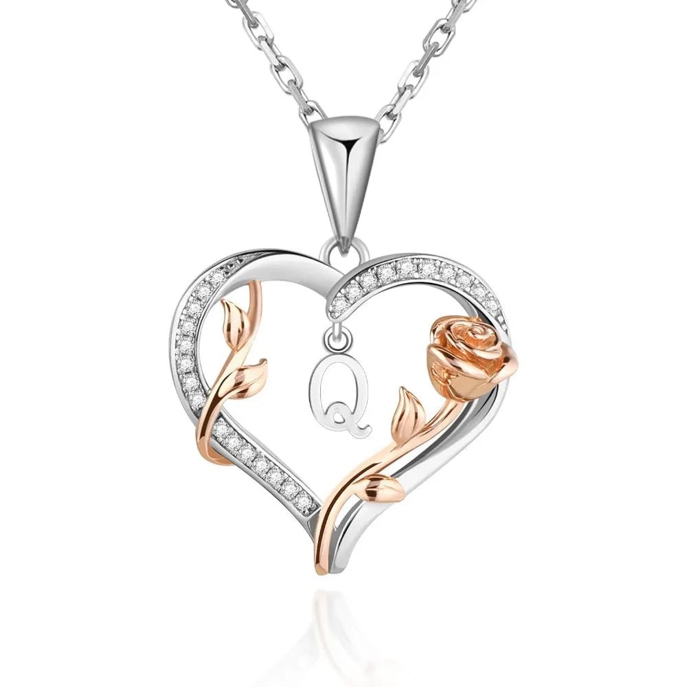 Heart Rose Initial Necklace,S925 Sterling Silver Letter Pendant Necklaces with Cubic Zirconia,Unique Anniversary Jewelry Gifts - Good Gifts, Gurl