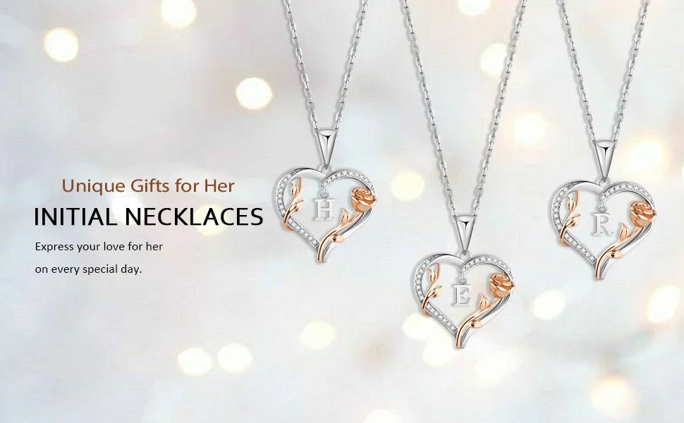 Heart Rose Initial Necklace,S925 Sterling Silver Letter Pendant Necklaces with Cubic Zirconia,Unique Anniversary Jewelry Gifts - Good Gifts, Gurl