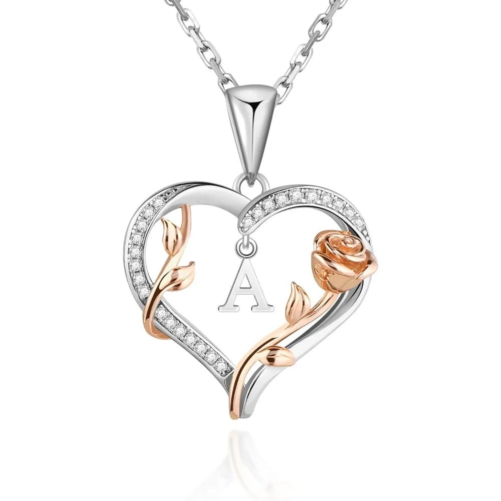 Heart Rose Initial Necklace,S925 Sterling Silver Letter Pendant Necklaces with Cubic Zirconia,Unique Anniversary Jewelry Gifts - Good Gifts, Gurl