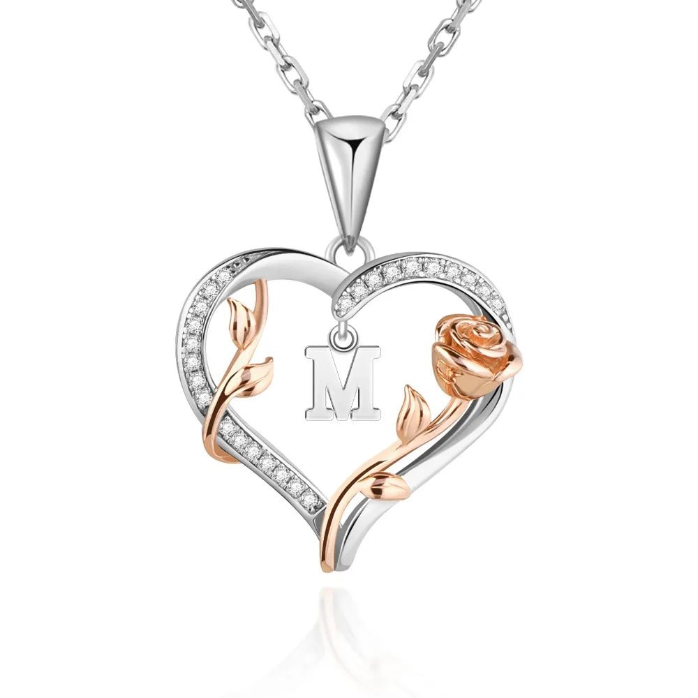 Heart Rose Initial Necklace,S925 Sterling Silver Letter Pendant Necklaces with Cubic Zirconia,Unique Anniversary Jewelry Gifts - Good Gifts, Gurl