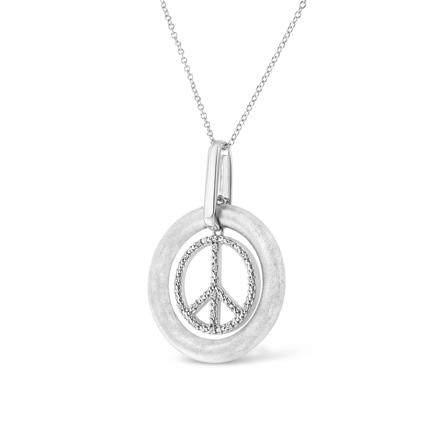 Matte Finish .925 Sterling Silver Diamond Accent Dancing Peace Sign 18" Pendant Necklace (I - J Color, I1 - I2 Clarity) - Good Gifts, Gurl