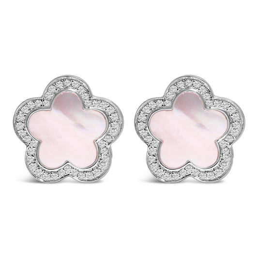 14K White Gold Mother of Pearl and 1/5 Cttw Diamond Halo Star Stud Earrings - Good Gifts, Gurl