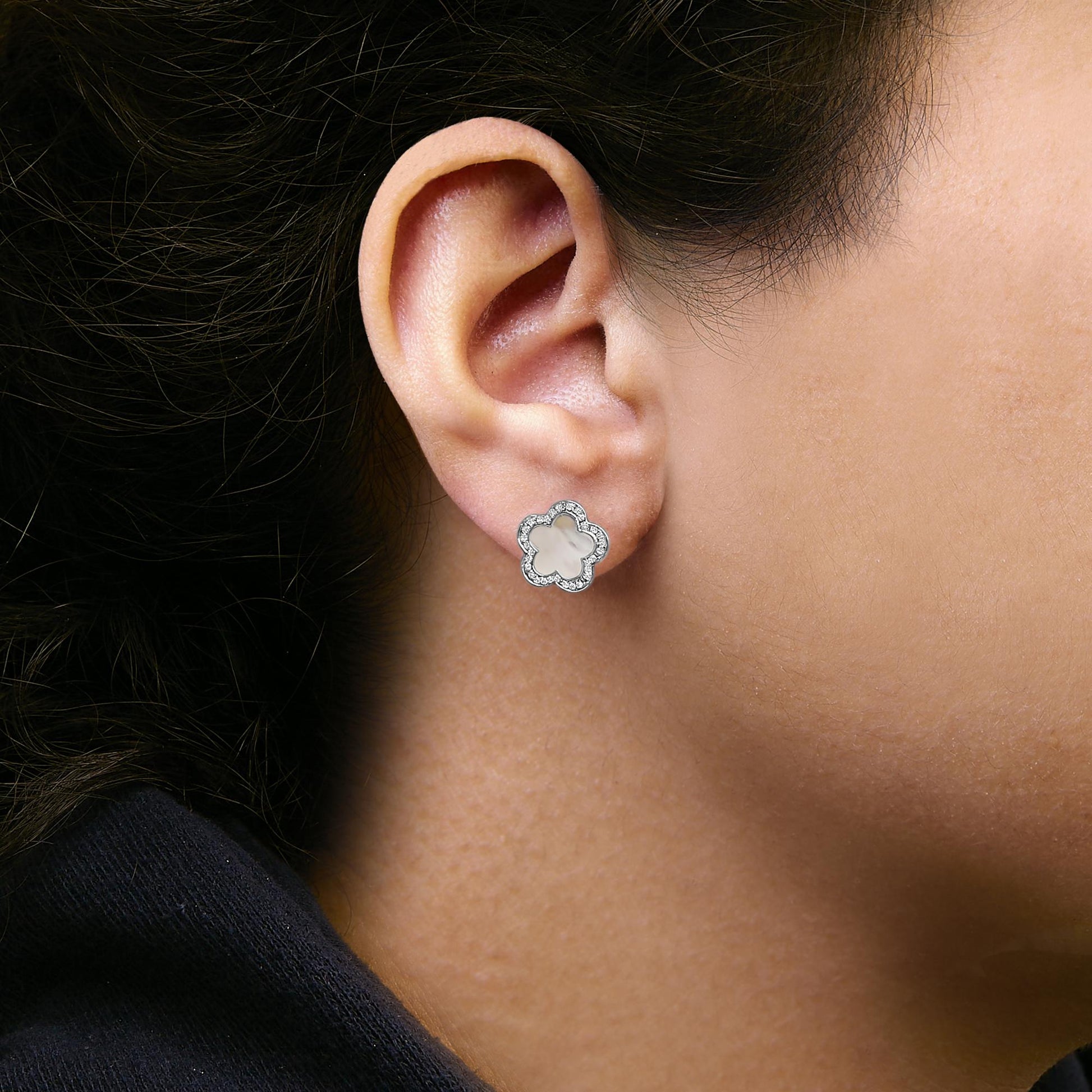 14K White Gold Mother of Pearl and 1/5 Cttw Diamond Halo Star Stud Earrings - Good Gifts, Gurl