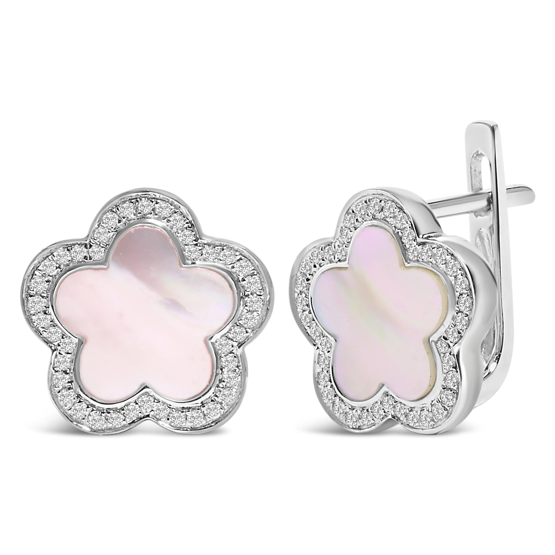 14K White Gold Mother of Pearl and 1/5 Cttw Diamond Halo Star Stud Earrings - Good Gifts, Gurl