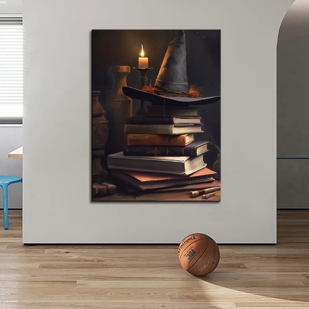 1.5 inch solid wood picture frame, wizard hat on Grimoire canvas poster, wall decoration - mysterious Halloween themed poster ar - Good Gifts, Gurl