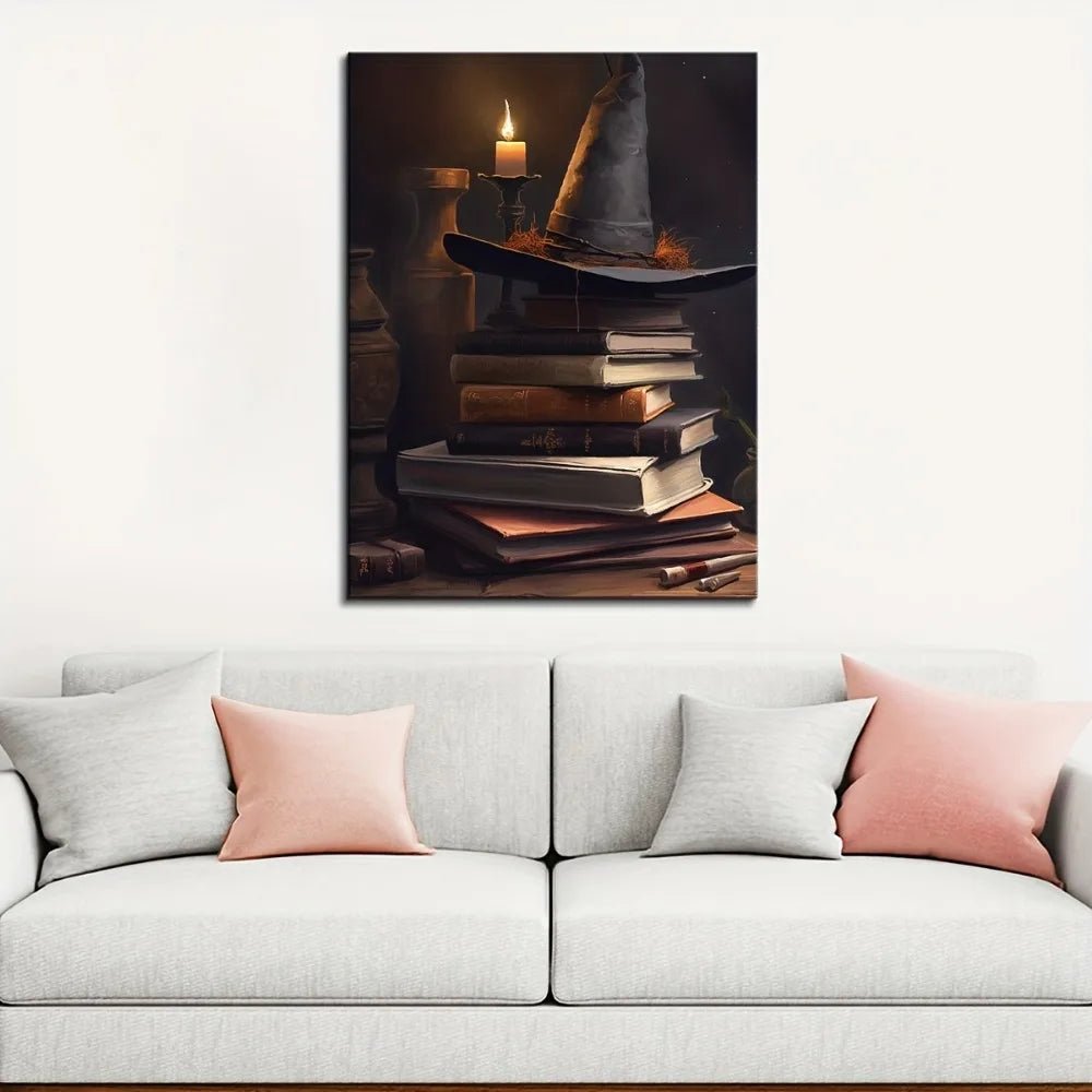 1.5 inch solid wood picture frame, wizard hat on Grimoire canvas poster, wall decoration - mysterious Halloween themed poster ar - Good Gifts, Gurl
