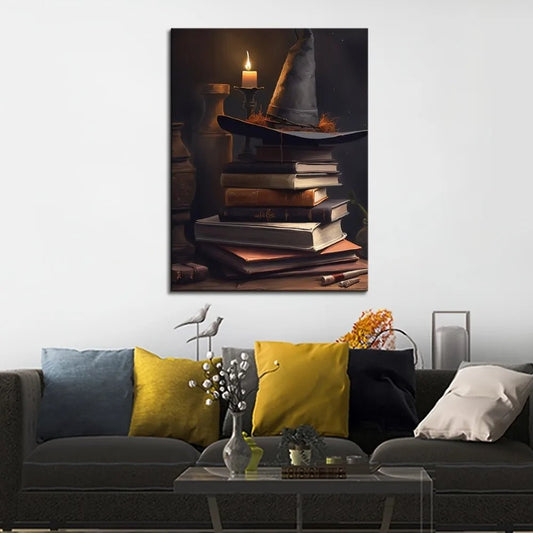 1.5 inch solid wood picture frame, wizard hat on Grimoire canvas poster, wall decoration - mysterious Halloween themed poster ar - Good Gifts, Gurl
