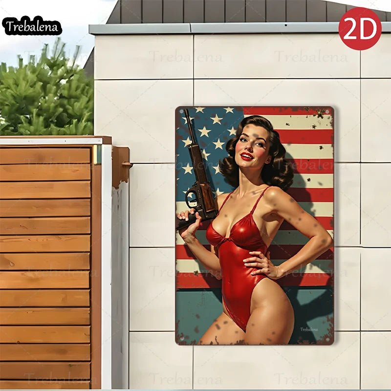 1PC 2D Flat 8*12inch Metal Sign Retro Pinup Girl with Gun American Flag Style - Good Gifts, Gurl