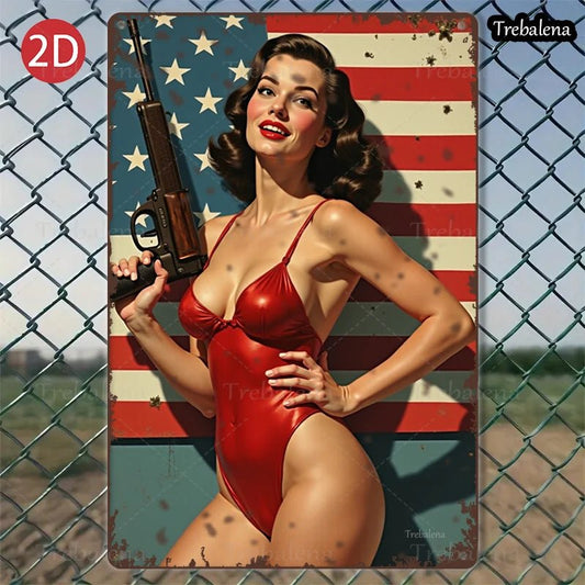 1PC 2D Flat 8*12inch Metal Sign Retro Pinup Girl with Gun American Flag Style - Good Gifts, Gurl