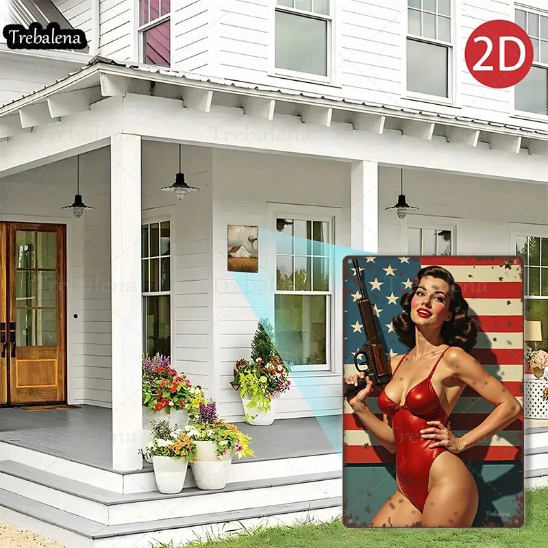 1PC 2D Flat 8*12inch Metal Sign Retro Pinup Girl with Gun American Flag Style - Good Gifts, Gurl