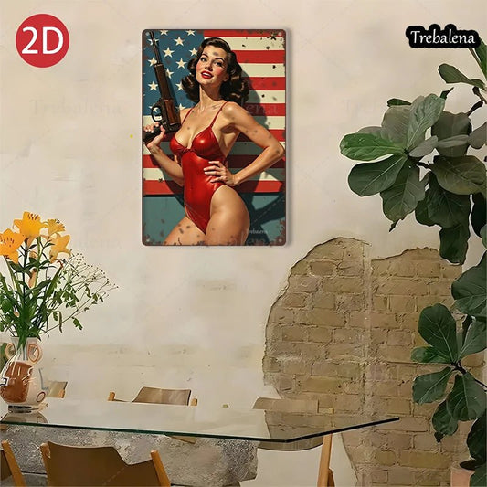 1PC 2D Flat 8*12inch Metal Sign Retro Pinup Girl with Gun American Flag Style - Good Gifts, Gurl