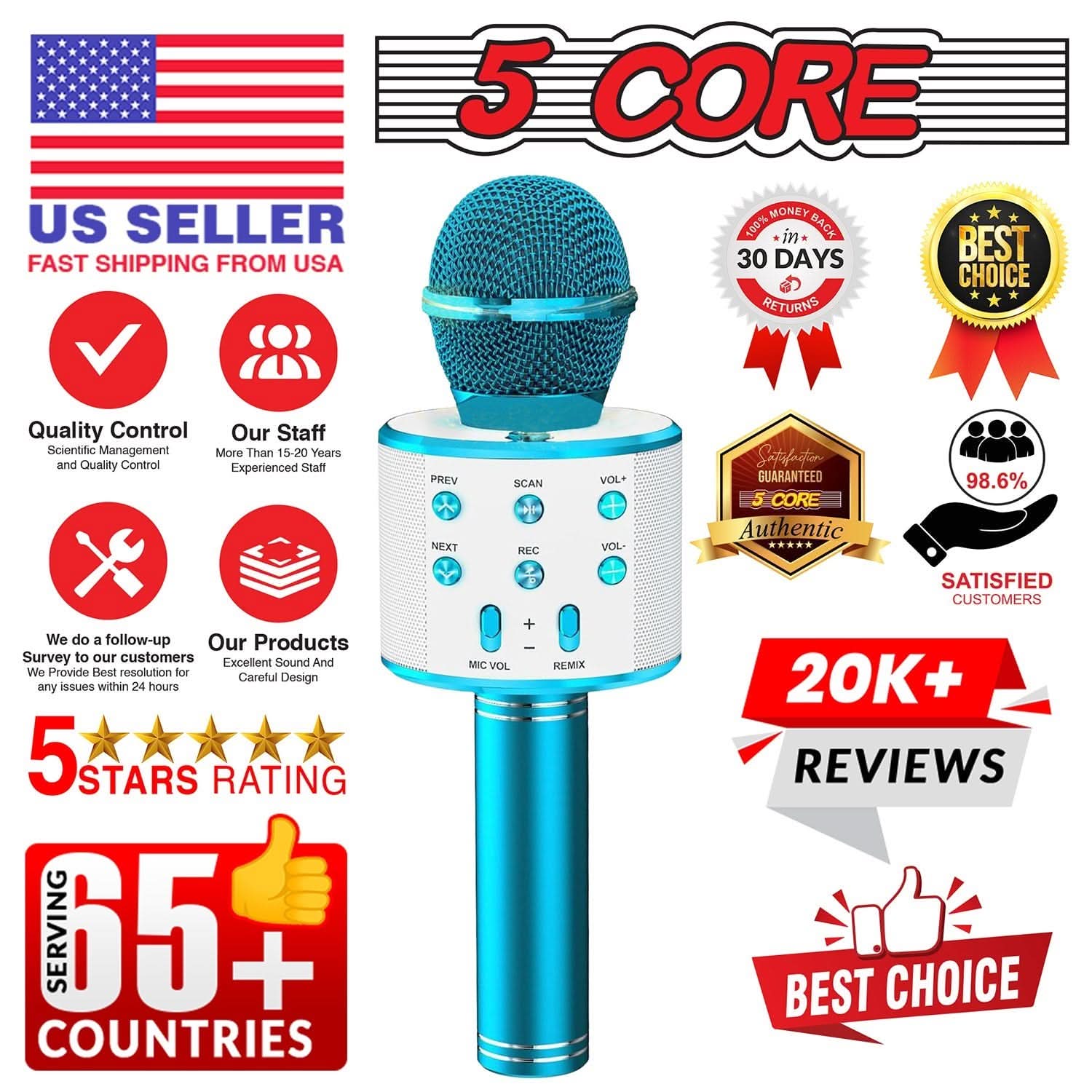 5Core Wireless Karaoke Microphone Bluetooth Mic Portable Handheld Microfonos Inalambricos BLUE - Good Gifts, Gurl