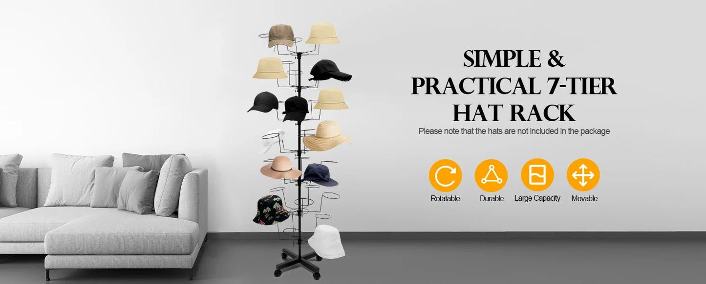 7 Tier Metal Hat Rack Hanger Wigs Display Stand Cap Rotating Standard W/ 4 Wheel - Good Gifts, Gurl