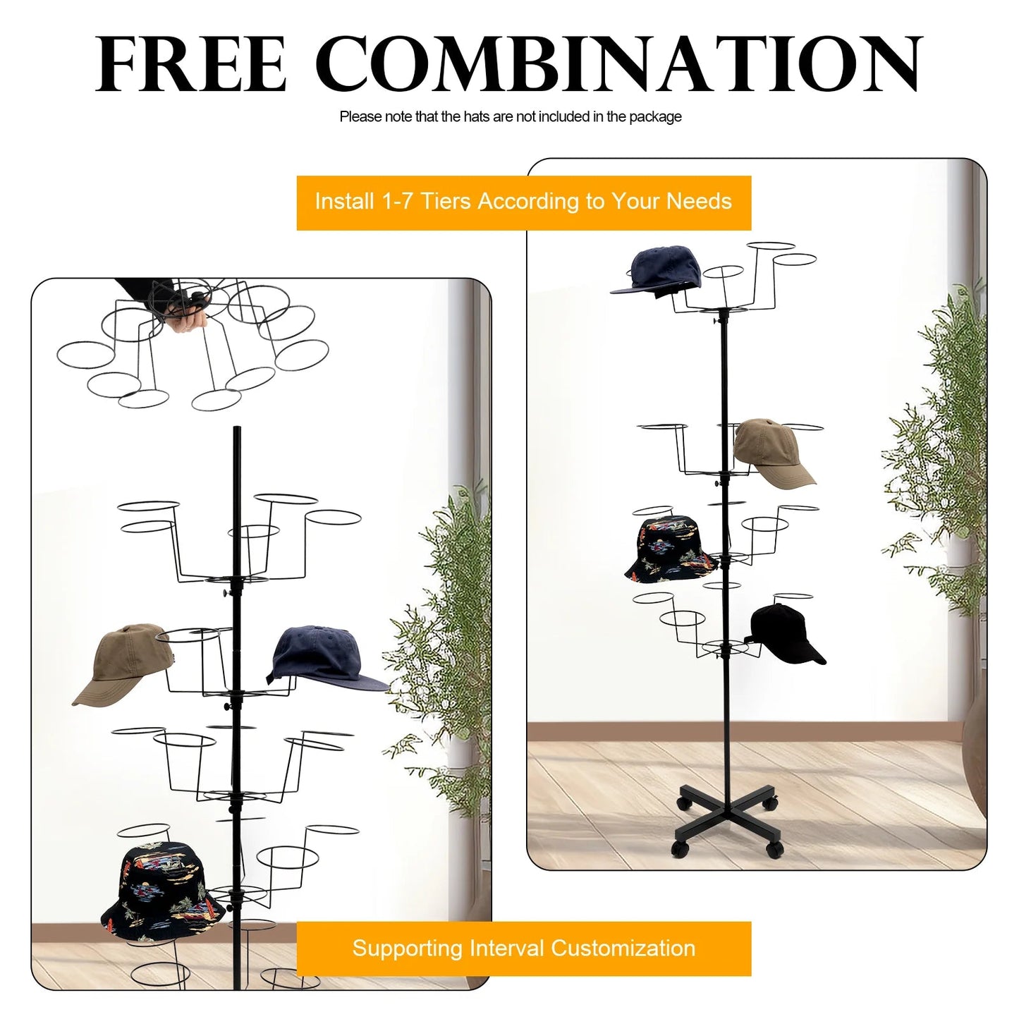 7 Tier Metal Hat Rack Hanger Wigs Display Stand Cap Rotating Standard W/ 4 Wheel - Good Gifts, Gurl