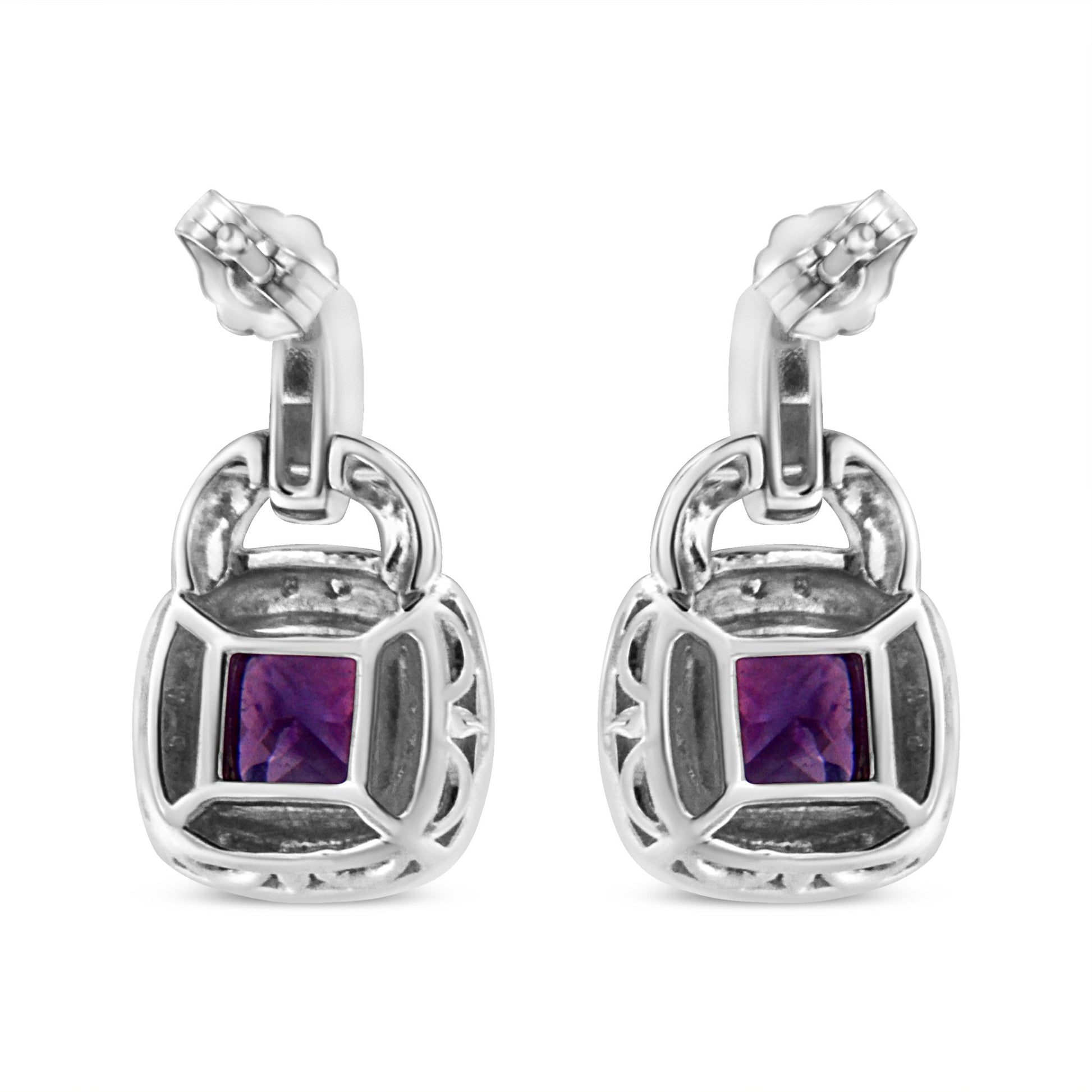 .925 Sterling Silver 8MM Natural Cushion Shaped Amethyst and Diamond Accent Halo with Push Back Dangle Earrings (I - J Color, I2 - I3 Clarity) - Good Gifts, Gurl
