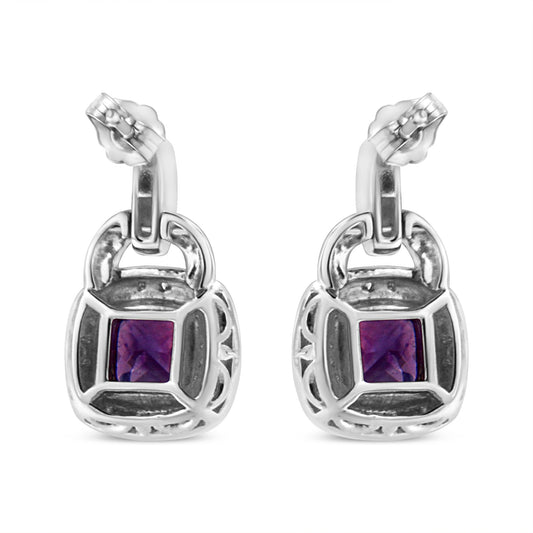 .925 Sterling Silver 8MM Natural Cushion Shaped Amethyst and Diamond Accent Halo with Push Back Dangle Earrings (I - J Color, I2 - I3 Clarity) - Good Gifts, Gurl