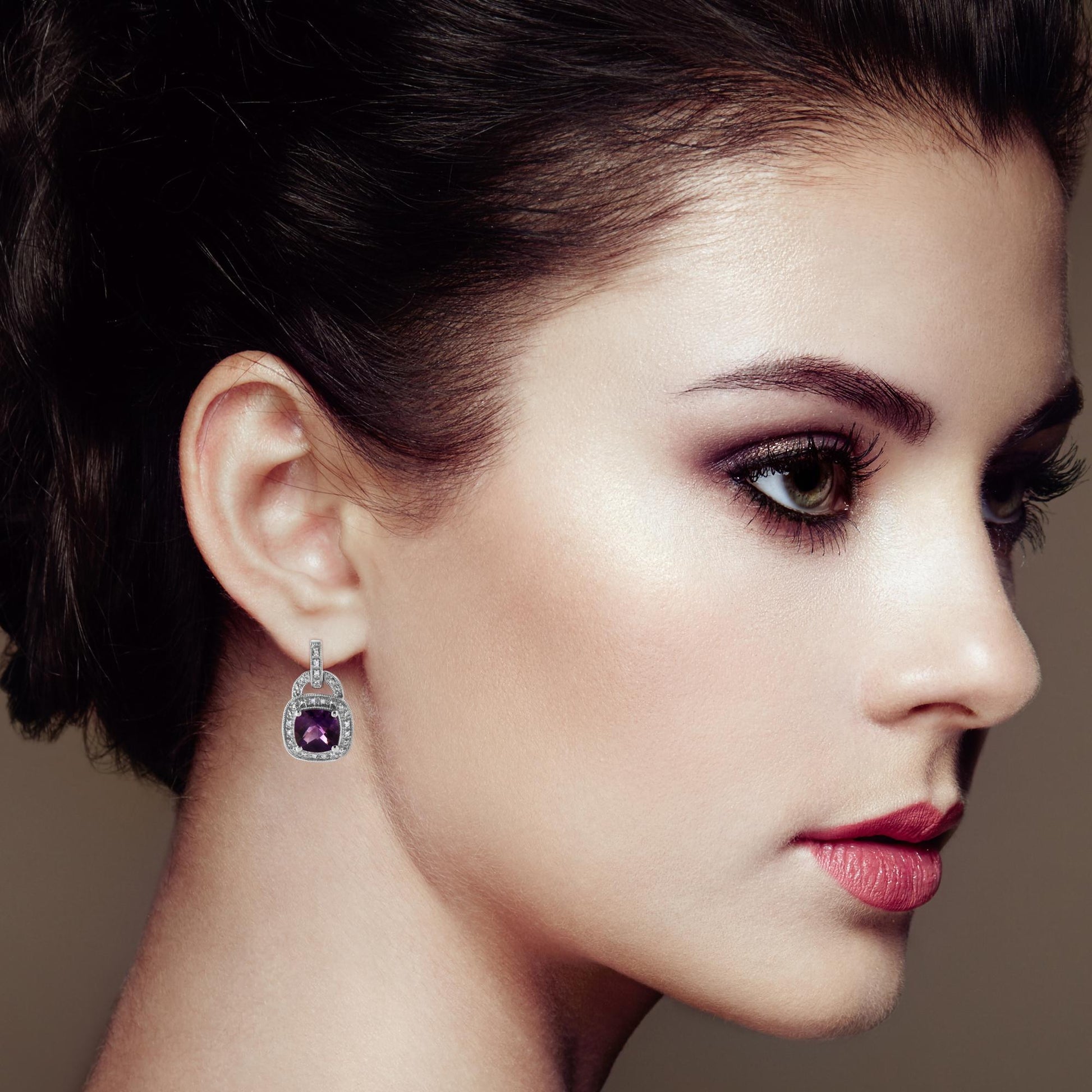 .925 Sterling Silver 8MM Natural Cushion Shaped Amethyst and Diamond Accent Halo with Push Back Dangle Earrings (I - J Color, I2 - I3 Clarity) - Good Gifts, Gurl