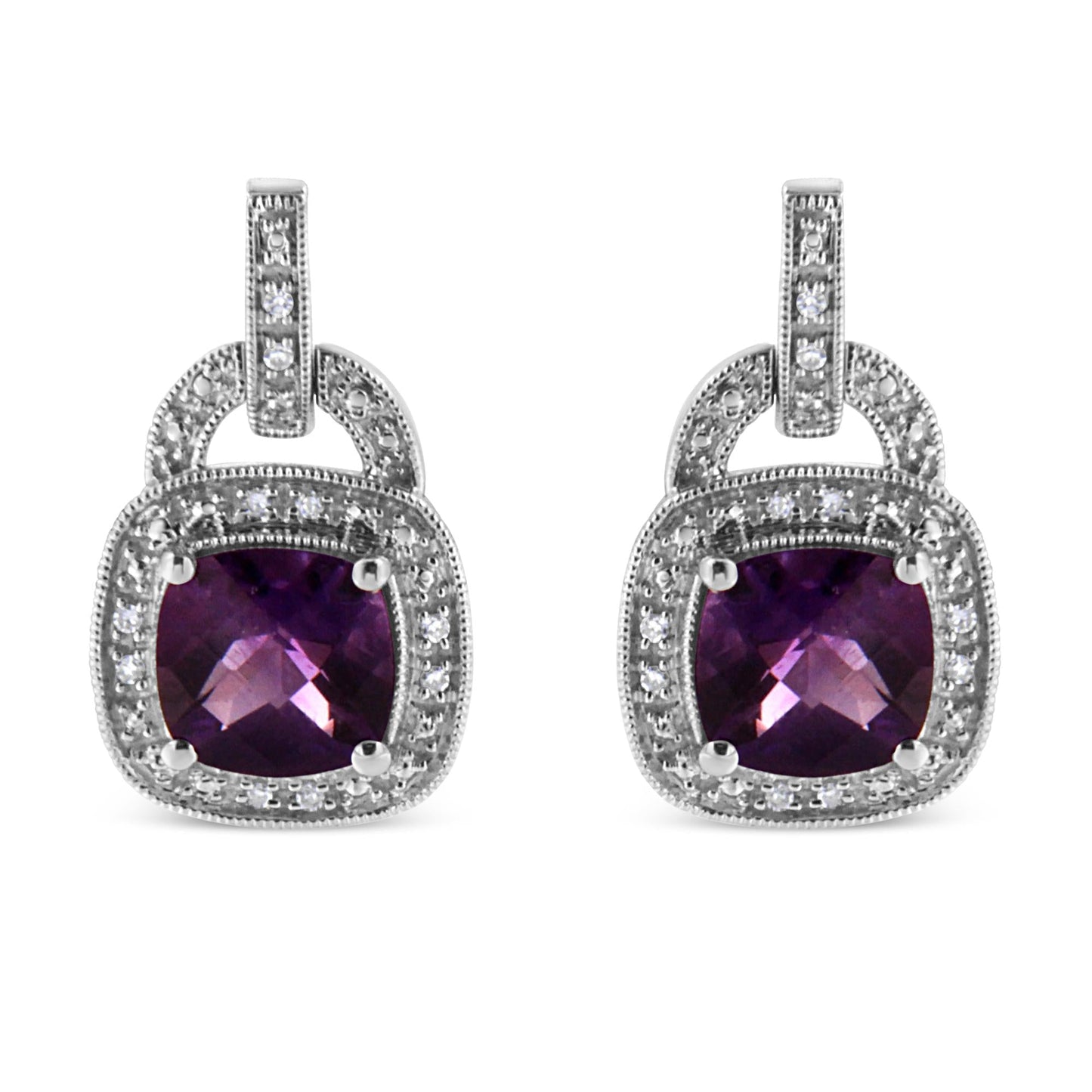 .925 Sterling Silver 8MM Natural Cushion Shaped Amethyst and Diamond Accent Halo with Push Back Dangle Earrings (I - J Color, I2 - I3 Clarity) - Good Gifts, Gurl