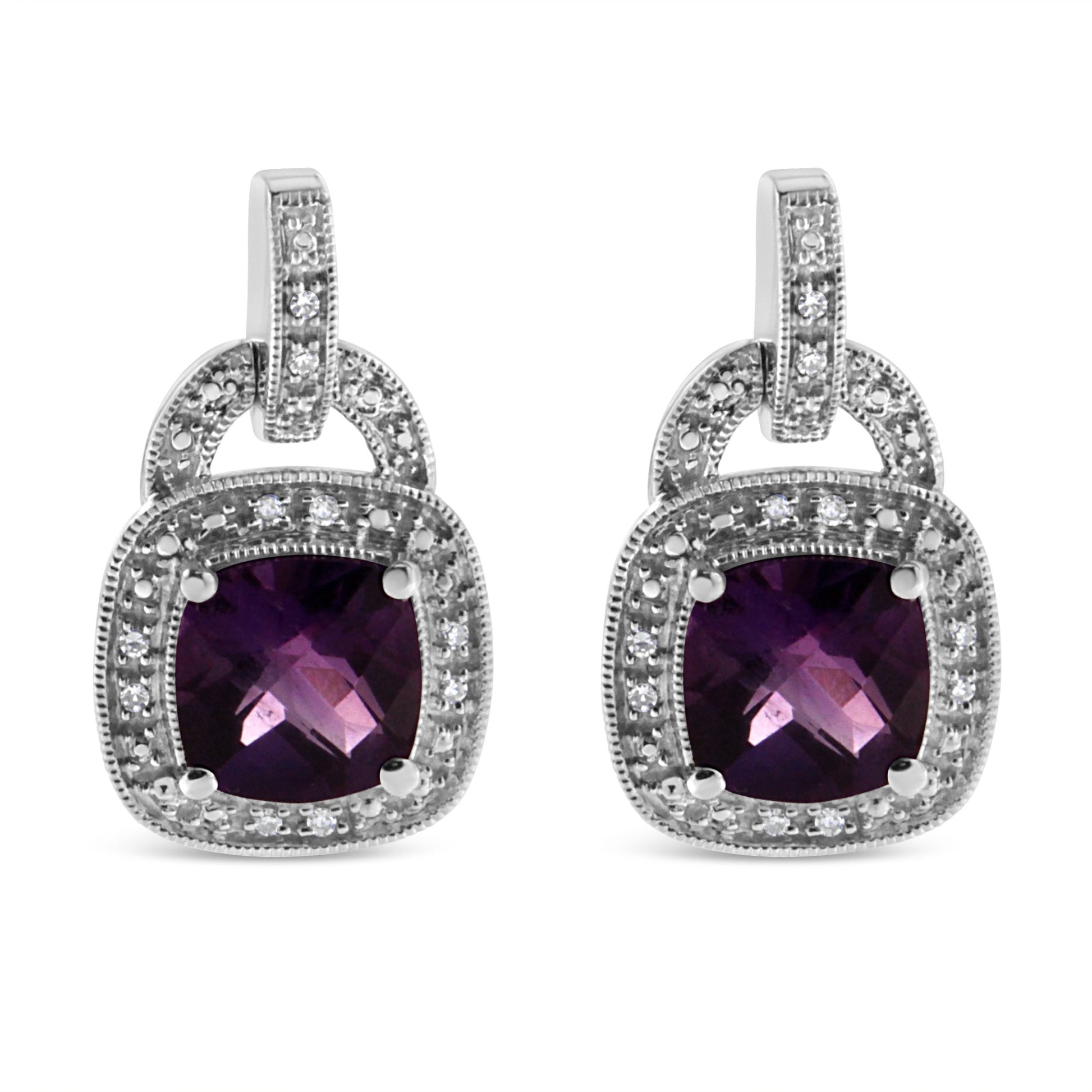 .925 Sterling Silver 8MM Natural Cushion Shaped Amethyst and Diamond Accent Halo with Push Back Dangle Earrings (I - J Color, I2 - I3 Clarity) - Good Gifts, Gurl