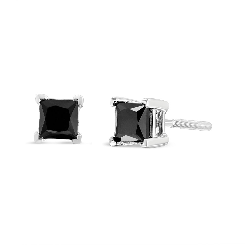 .925 Sterling Silver Princess - Cut Square Black Diamond Classic 4 - Prong Stud Earrings with Screw Backs (Fancy Color - Enhanced, I2 - I3 Clarity) - Good Gifts, Gurl