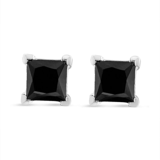 .925 Sterling Silver Princess - Cut Square Black Diamond Classic 4 - Prong Stud Earrings with Screw Backs (Fancy Color - Enhanced, I2 - I3 Clarity) - Good Gifts, Gurl