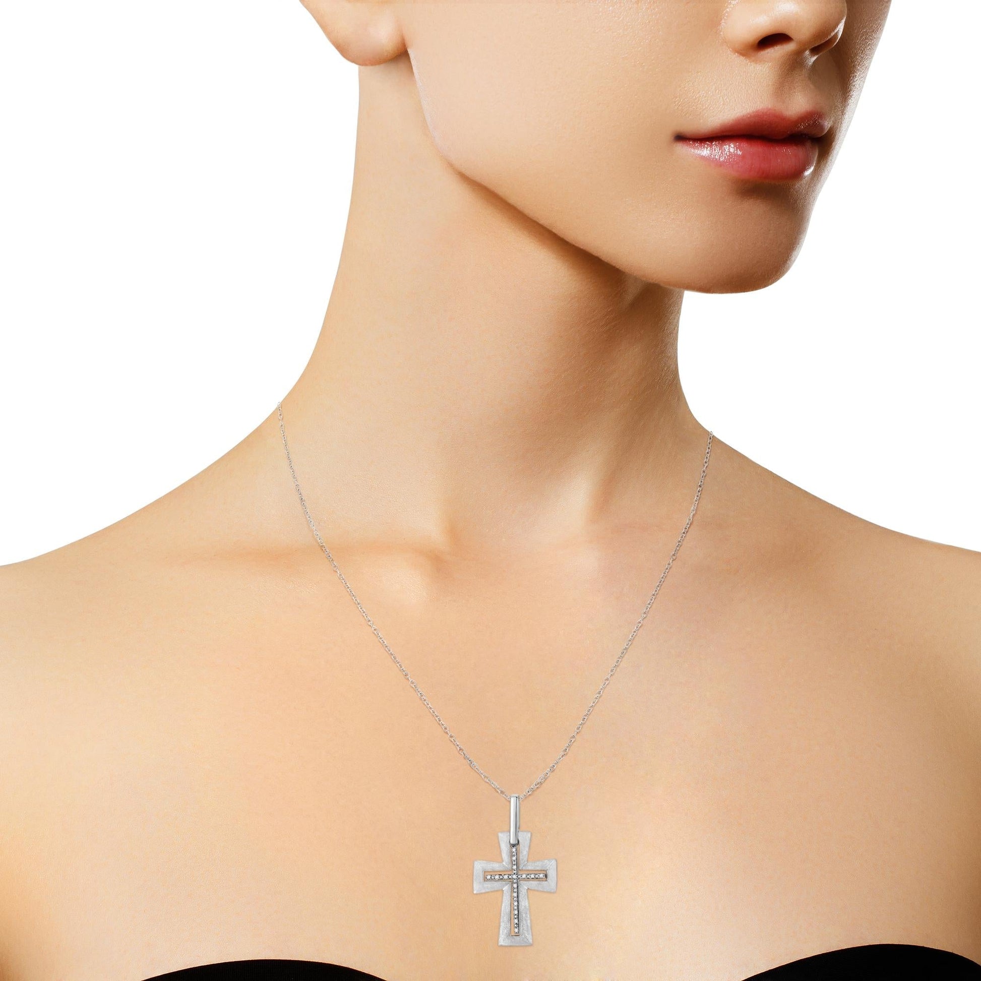 .925 Sterling Silver Prong - Set Diamond Accent Cross 18" Pendant Necklace (I - J Color, I1 - I2 Clarity) - Good Gifts, Gurl