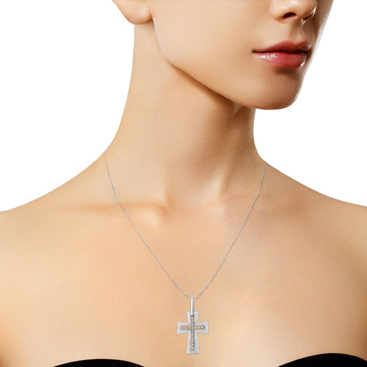 .925 Sterling Silver Prong - Set Diamond Accent Cross 18" Pendant Necklace (I - J Color, I1 - I2 Clarity) - Good Gifts, Gurl