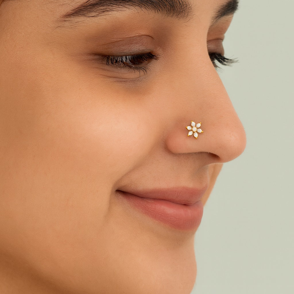 White CZ Floral Cluster Nose Pin - Sterling Silver Gold Plated