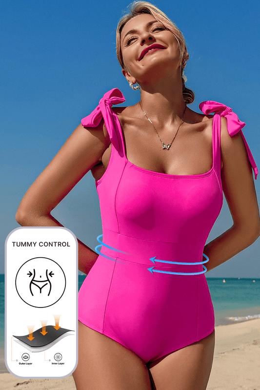 Astrid Square Neck Knotted Shoulder Open Back Swimsuit - Good Gifts, Gurl
