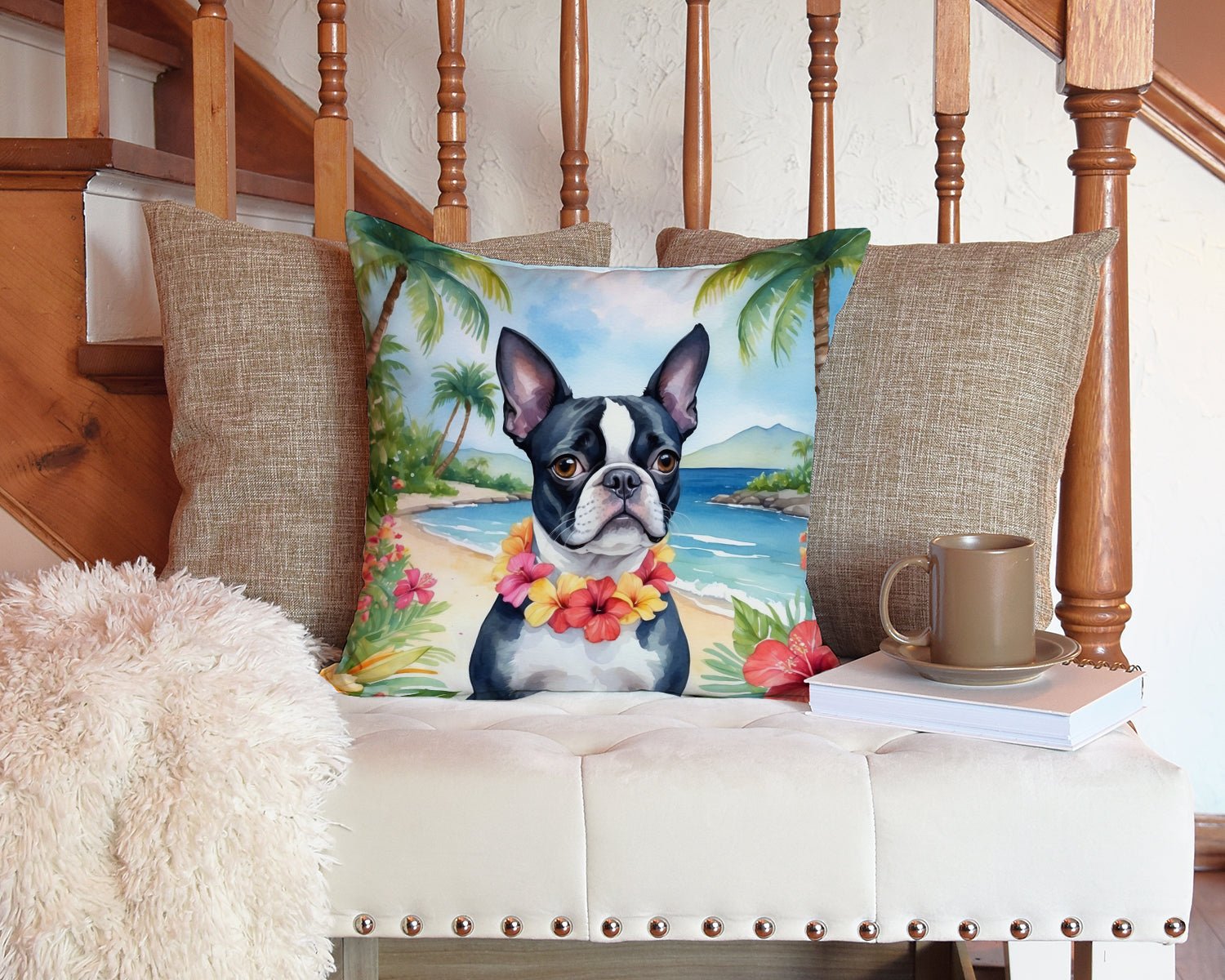Boston Terrier Luau Throw Pillow - Good Gifts, Gurl