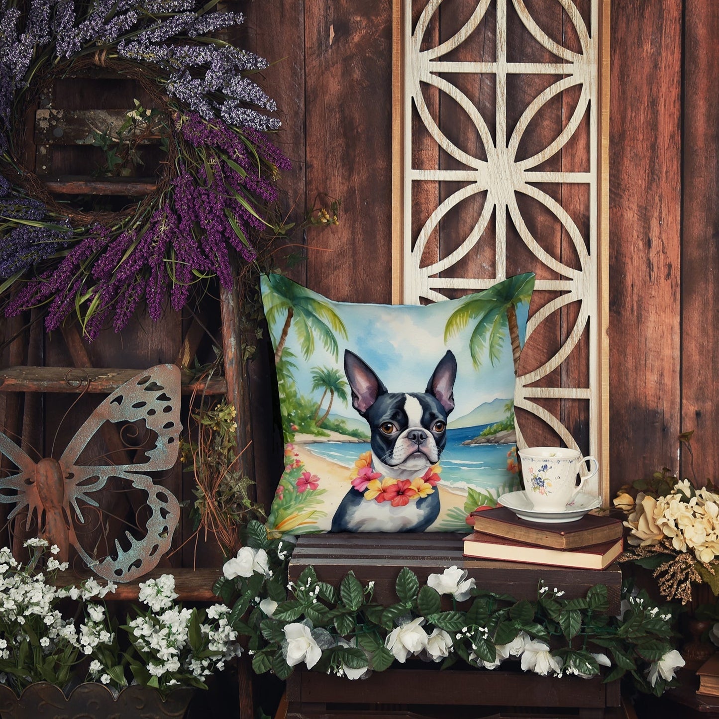 Boston Terrier Luau Throw Pillow - Good Gifts, Gurl