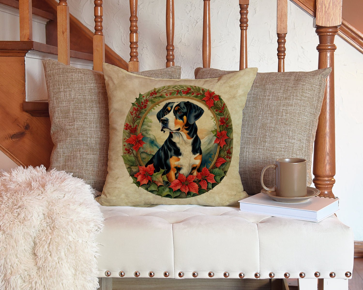 Entlebucher Mountain Dog Christmas Flowers Throw Pillow - Good Gifts, Gurl