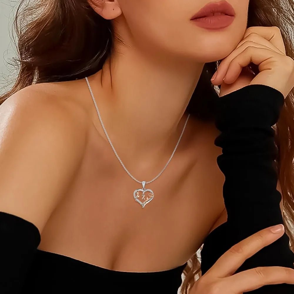 Heart Rose Initial Necklace,S925 Sterling Silver Letter Pendant Necklaces with Cubic Zirconia,Unique Anniversary Jewelry Gifts - Good Gifts, Gurl