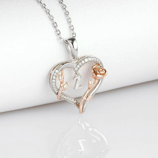 Heart Rose Initial Necklace,S925 Sterling Silver Letter Pendant Necklaces with Cubic Zirconia,Unique Anniversary Jewelry Gifts - Good Gifts, Gurl