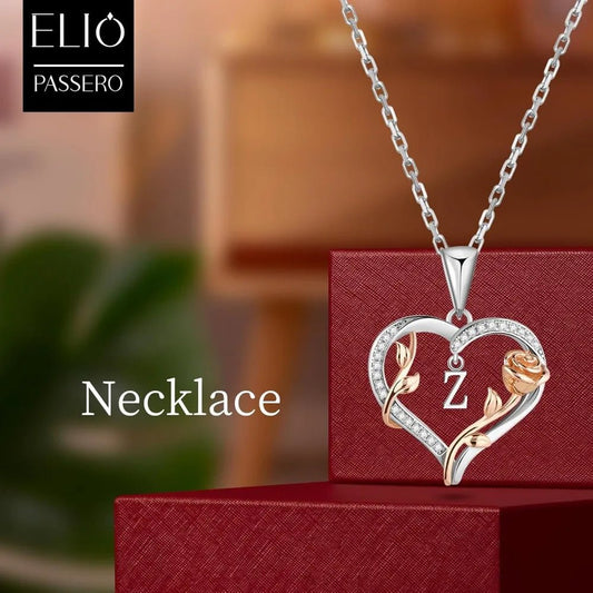 Heart Rose Initial Necklace,S925 Sterling Silver Letter Pendant Necklaces with Cubic Zirconia,Unique Anniversary Jewelry Gifts - Good Gifts, Gurl