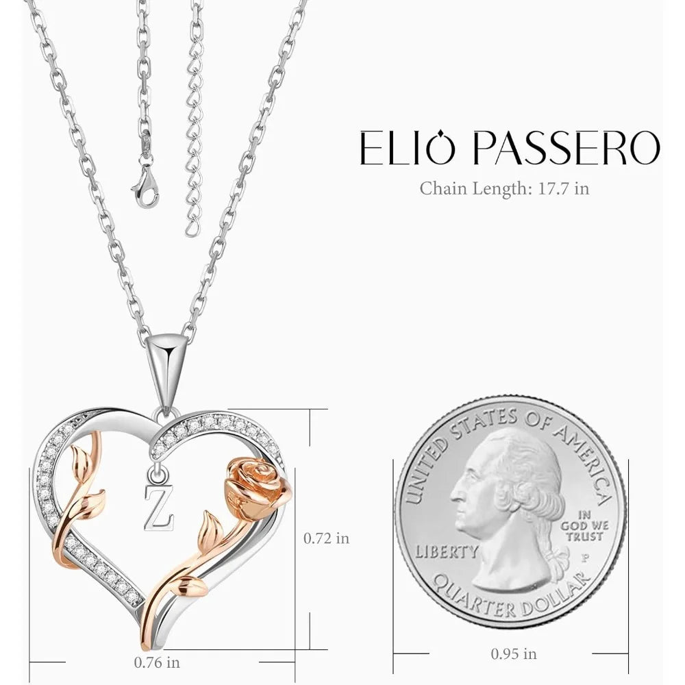 Heart Rose Initial Necklace,S925 Sterling Silver Letter Pendant Necklaces with Cubic Zirconia,Unique Anniversary Jewelry Gifts - Good Gifts, Gurl