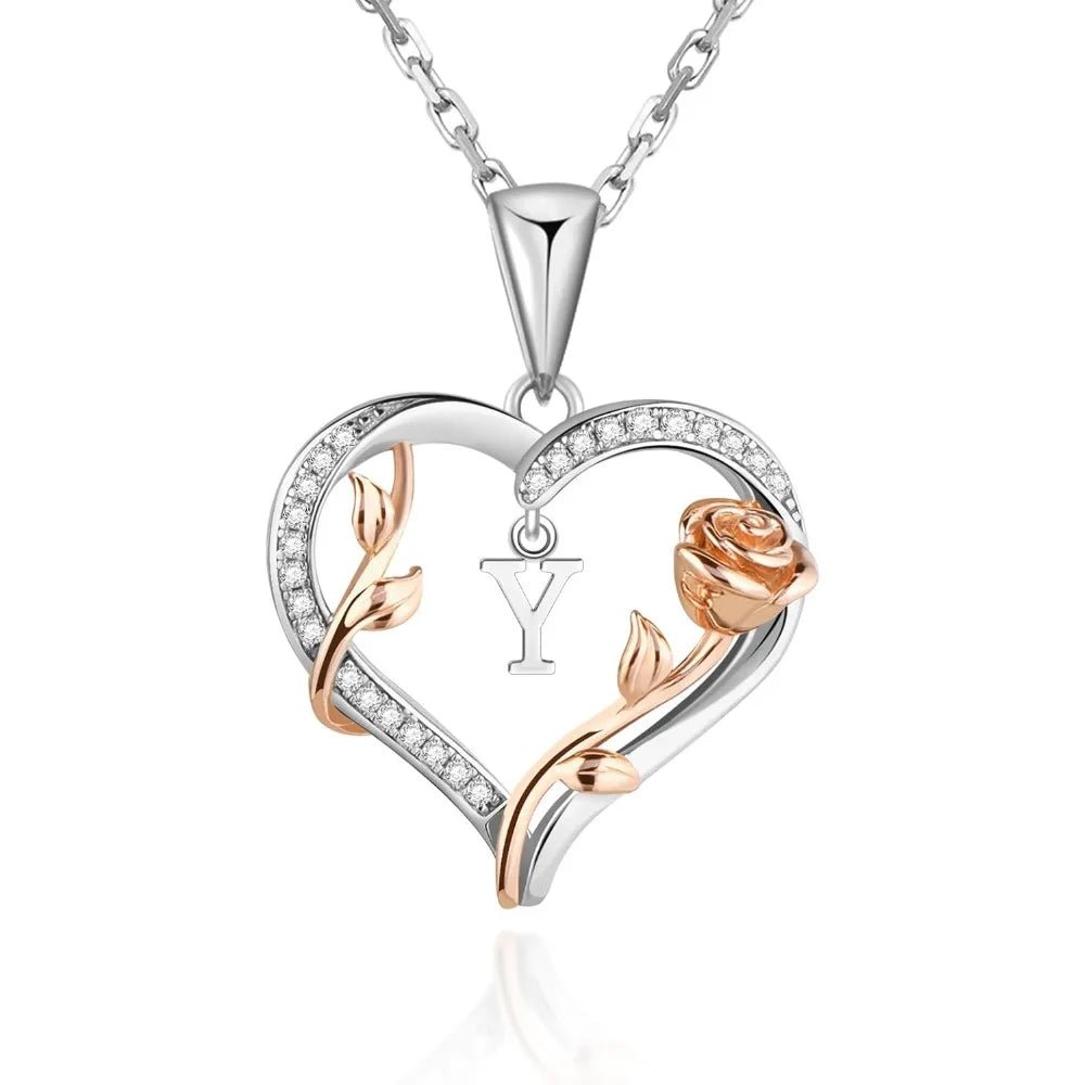 Heart Rose Initial Necklace,S925 Sterling Silver Letter Pendant Necklaces with Cubic Zirconia,Unique Anniversary Jewelry Gifts - Good Gifts, Gurl