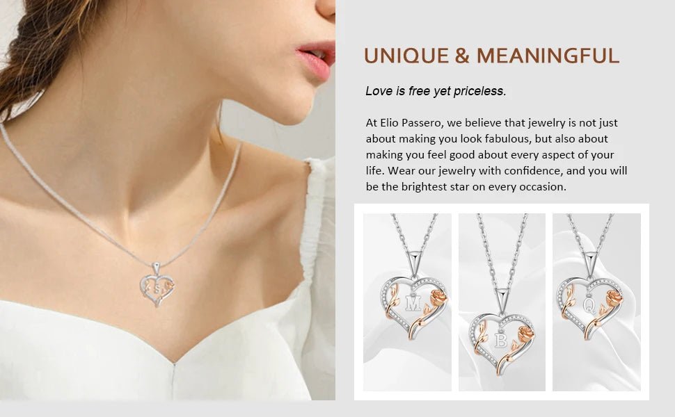 Heart Rose Initial Necklace,S925 Sterling Silver Letter Pendant Necklaces with Cubic Zirconia,Unique Anniversary Jewelry Gifts - Good Gifts, Gurl
