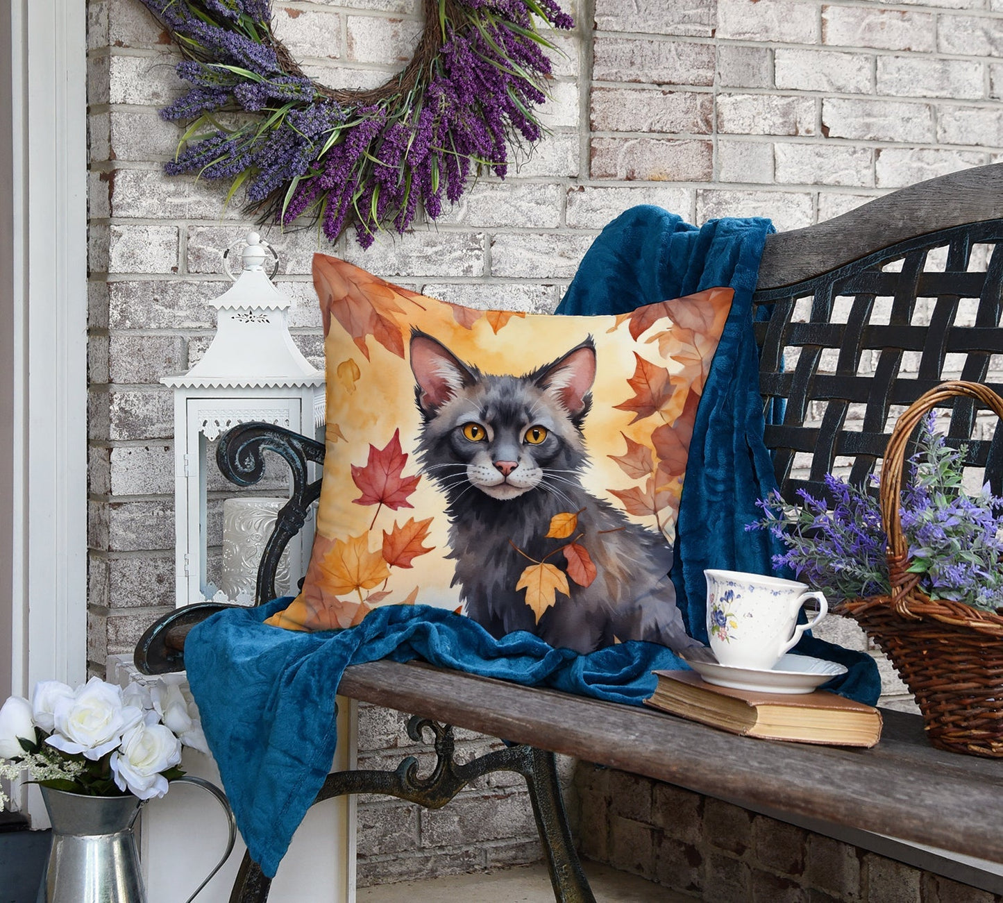 Lykoi Cat in Fall Leaves Throw Pillow - Good Gifts, Gurl