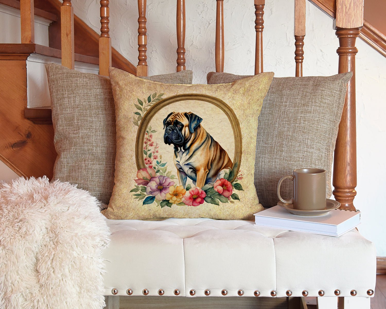 Mastiff and Flowers Throw Pillow - Good Gifts, Gurl