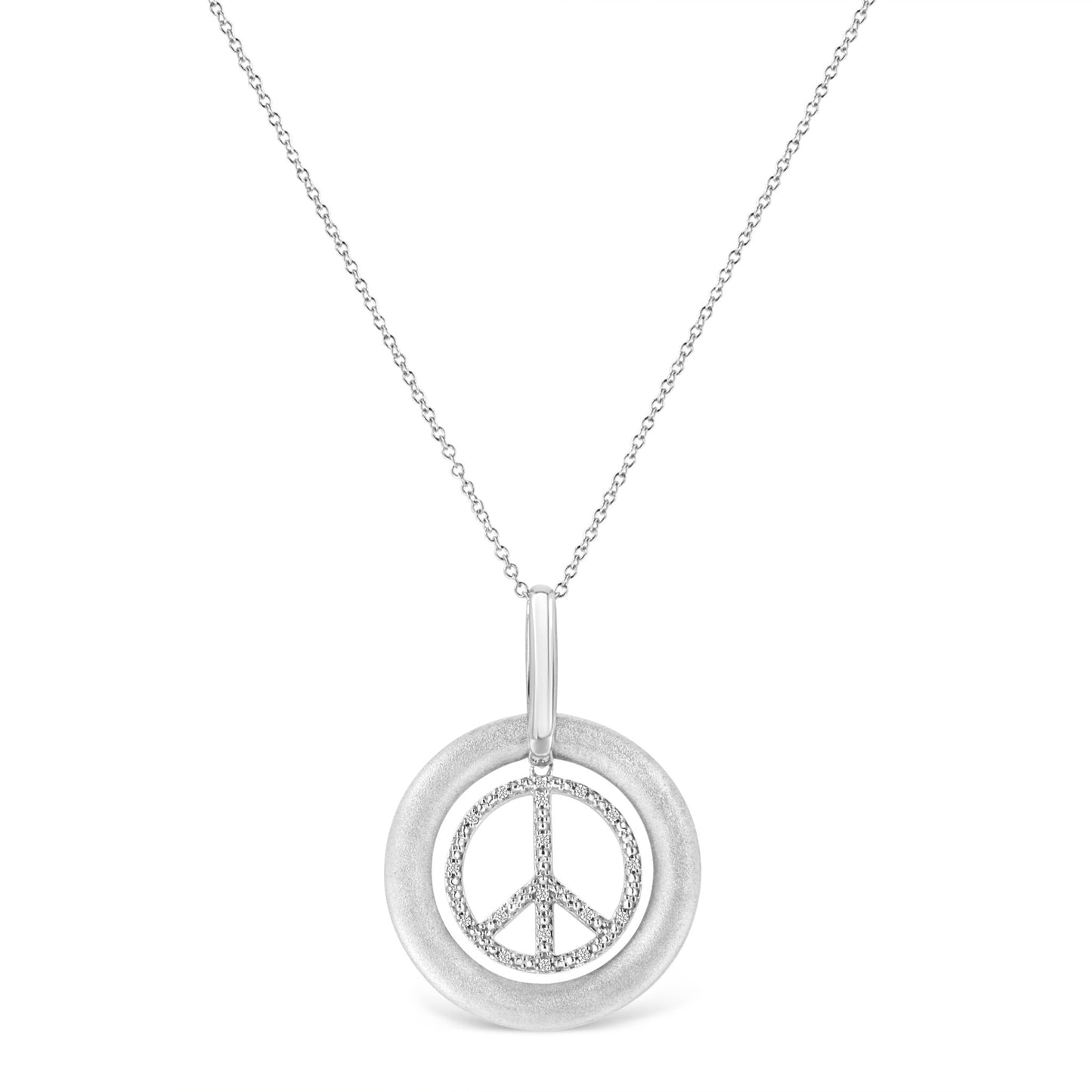 Matte Finish .925 Sterling Silver Diamond Accent Dancing Peace Sign 18" Pendant Necklace (I - J Color, I1 - I2 Clarity) - Good Gifts, Gurl