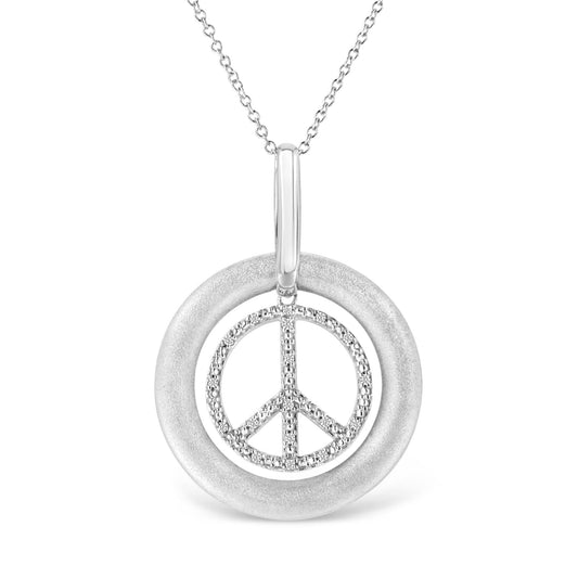 Matte Finish .925 Sterling Silver Diamond Accent Dancing Peace Sign 18" Pendant Necklace (I - J Color, I1 - I2 Clarity) - Good Gifts, Gurl