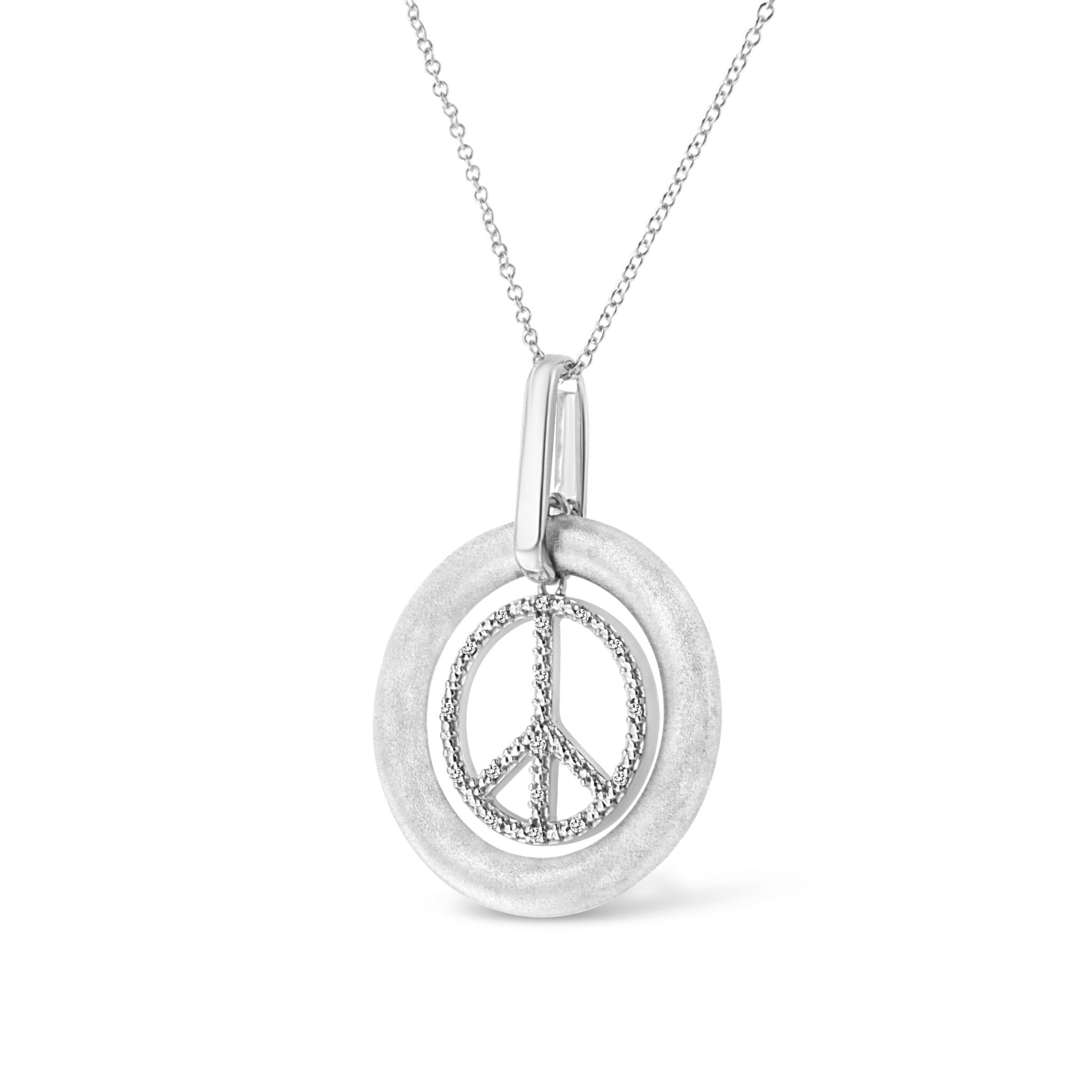 Matte Finish .925 Sterling Silver Diamond Accent Dancing Peace Sign 18" Pendant Necklace (I - J Color, I1 - I2 Clarity) - Good Gifts, Gurl